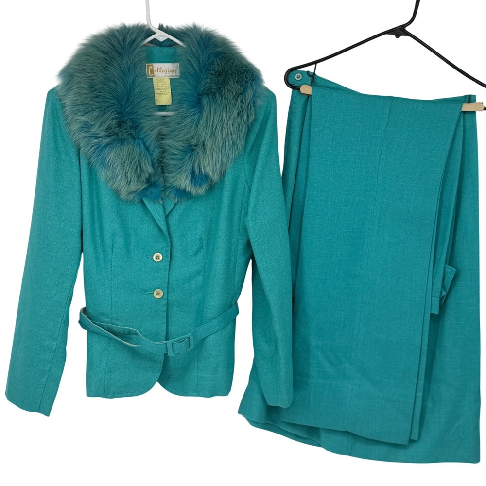 Vintage Collegian of California Turquoise 3 Piece Suit Fur Collar 15/16 70s